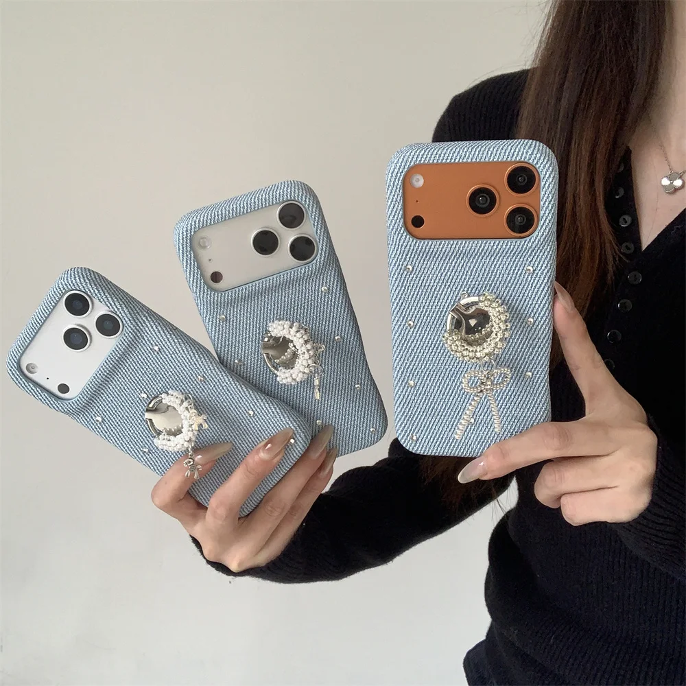 

Fashion Denim Metal Bead Phone case for iPhone 17 Pro 13 14 15 16 Pro Max Cover Korean Cute With Ring Stand For Apple 16 Promax