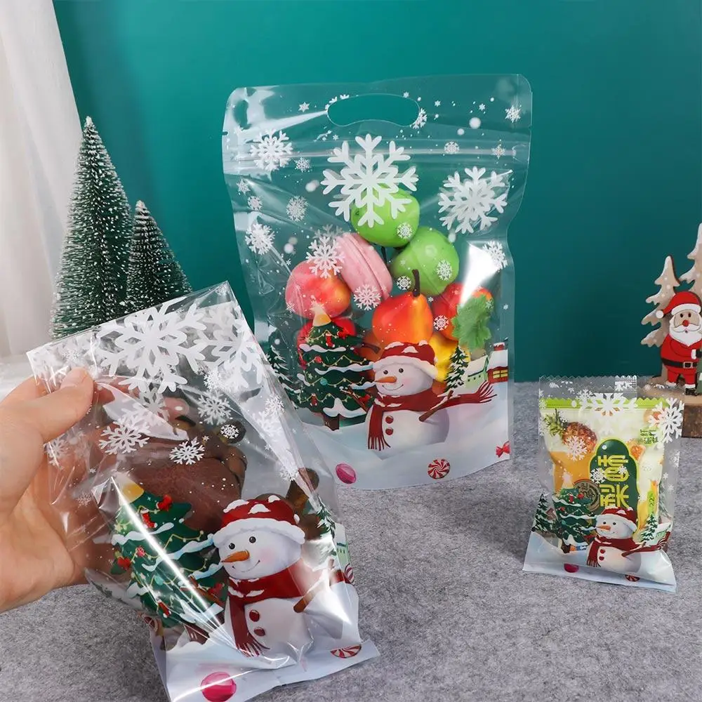 

50/100Pcs Plastic Christmas Snowman Cookie Bags Transparent Thickened Candy Packaging Bags Snowman Snowflake Pattern