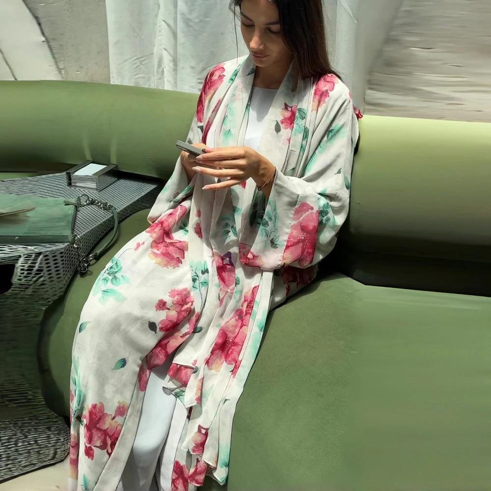 Middle Eastern Printed Floral Abaya+Hajib 2pcs Muslim Women Loose Open Front Abayas Full Sleeve Kaftans Maxi Dresses Jilbabs