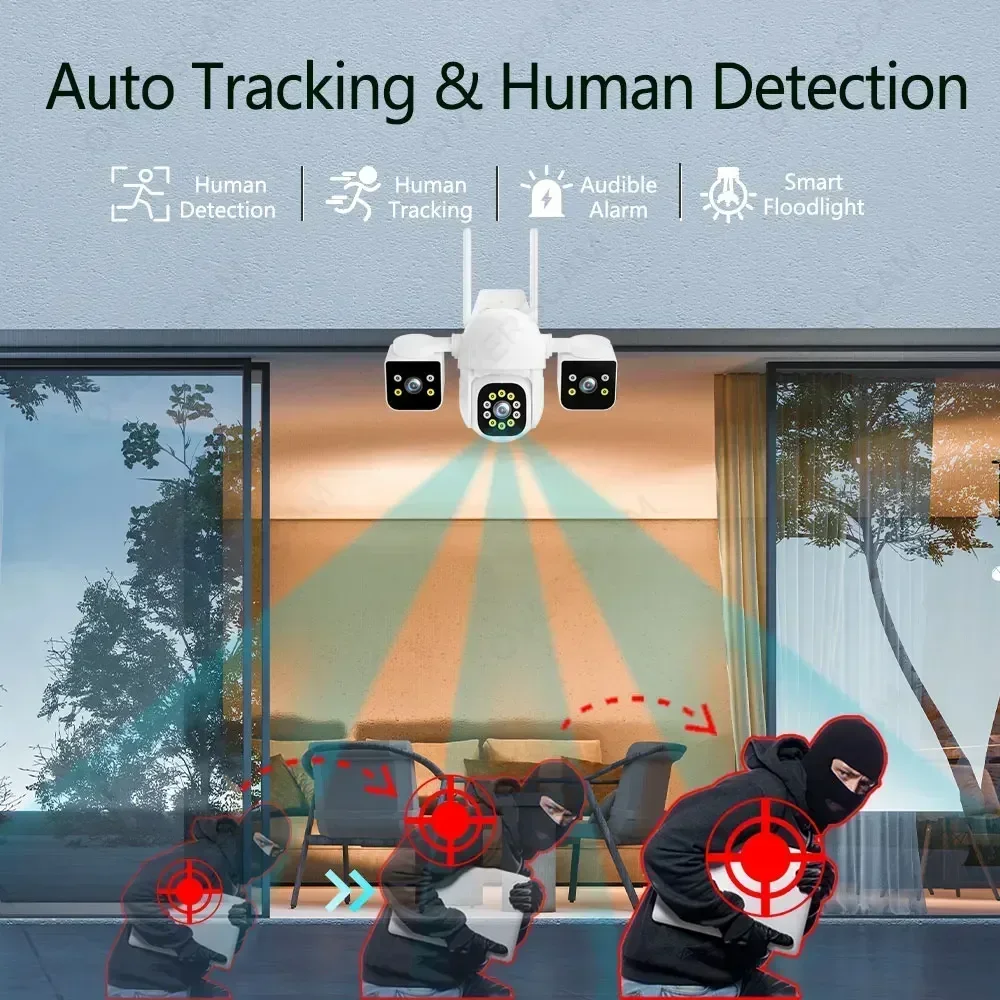 Three Lens 4K Wifi PTZ IP Camera 12MP Three Screen Auto Tracking Wireless CCTV Security Surveillance Camera Color Night Vision