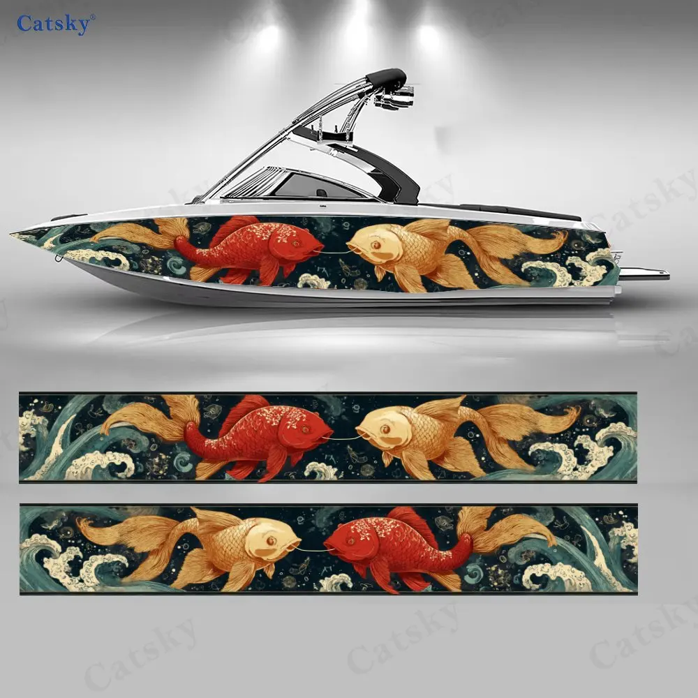 

Наклейка на лодку с красно-золотым карпом кои, едущим на волнах, из водонепроницаемого ПВХ-винила, прочные и стильные декоративные наклейки для рыболовных лодок.