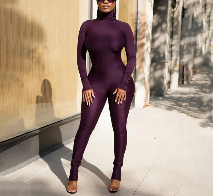 

Solid Color Semi High Neck Tight Fitting Women's Jumpsuit Autumn and Winter Trend Sexy Zipper Tight Fitting Cropped Jumpsuit