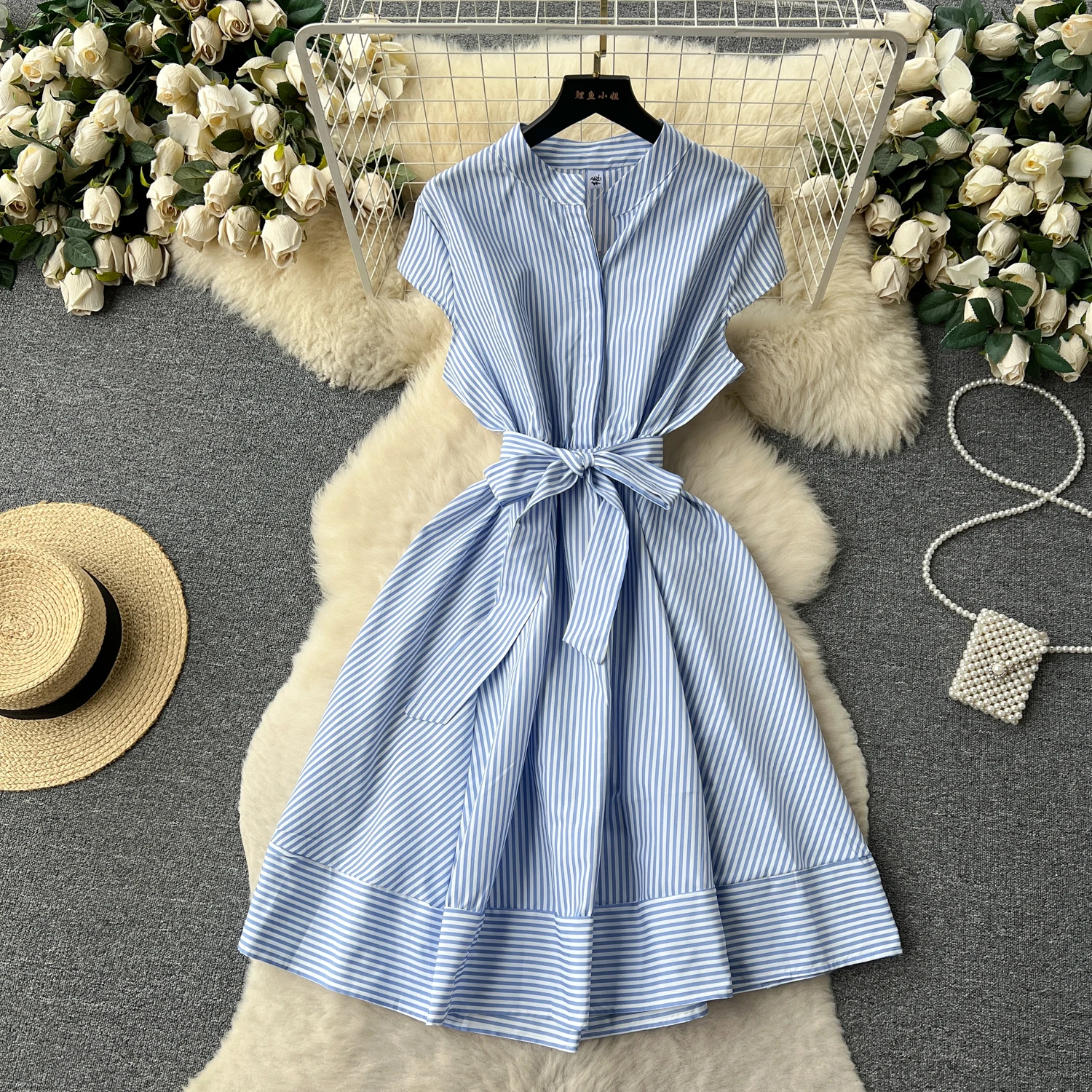 여성 스트라이프 셔츠 드레스 라운드 칼라 싱글 브레스티드 레이스업 타이트 허리 A라인 2025 여름 오피스룩 원피스
