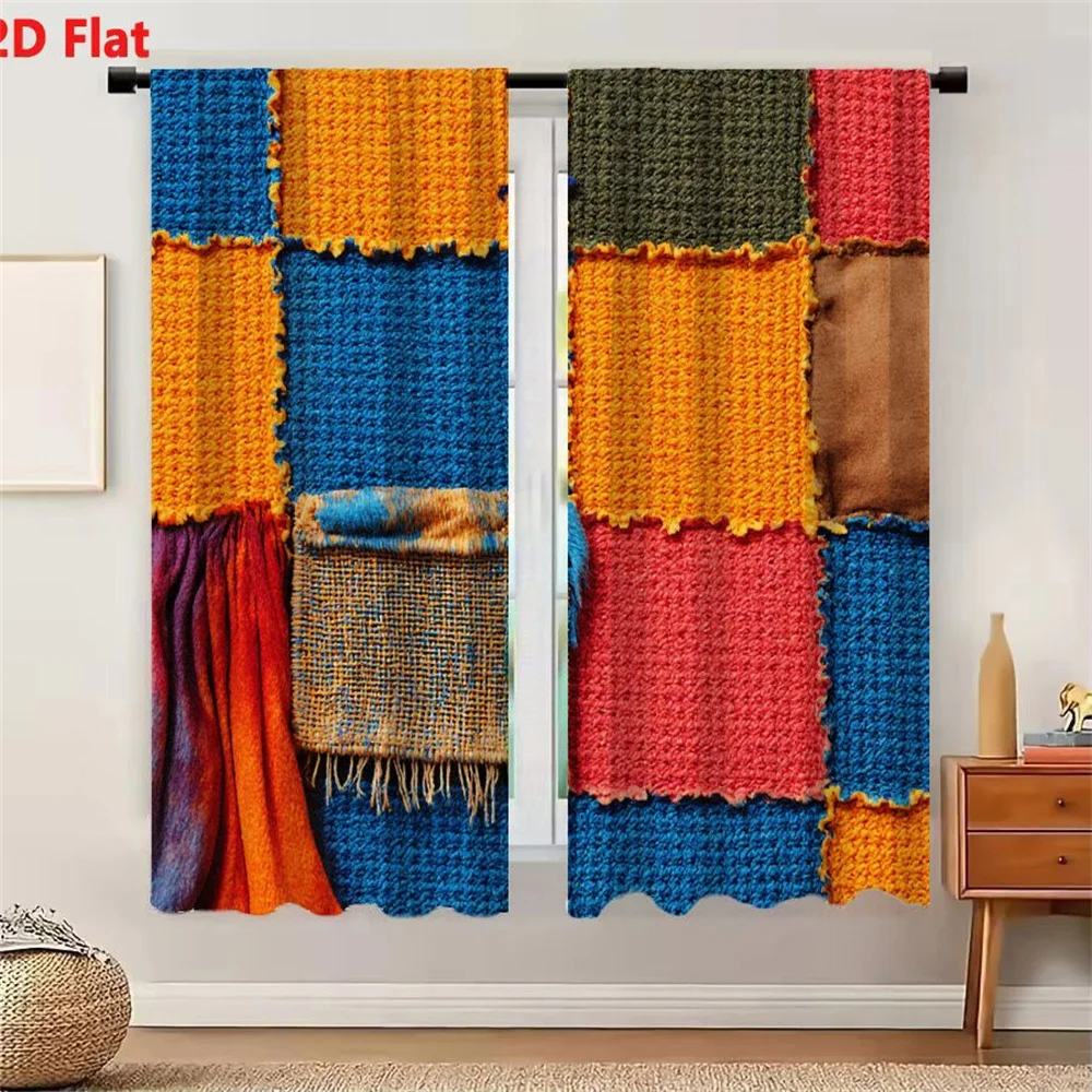 2Pcs Curtains 2D Flat Colorful Patchwork Textile Crocheted Knitted Blanket With Bright Yellow Blue Green Pink Brown Squares Fray