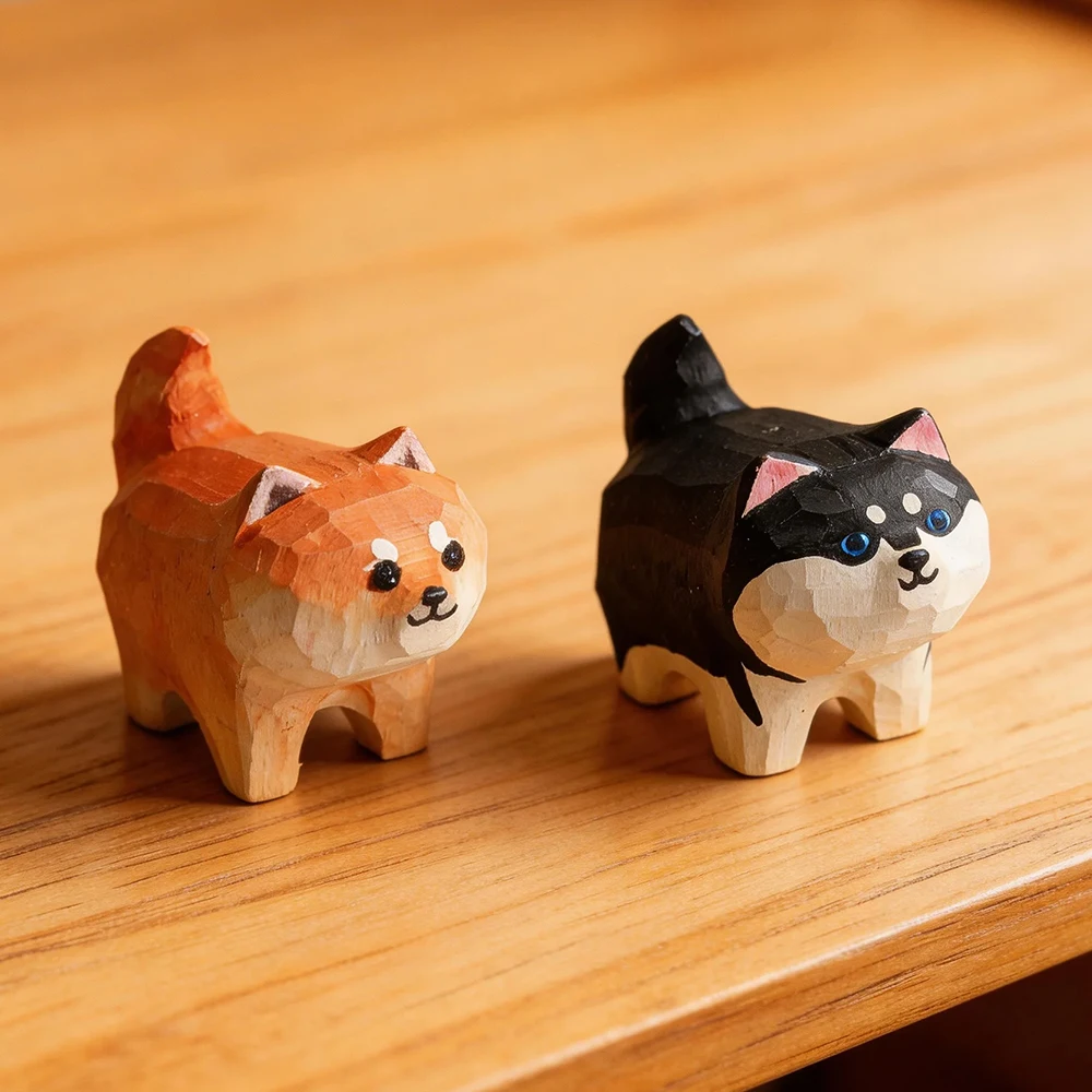 Hand Carved Wooden Shiba Inu Husky Figurine Statue Ornament Cute Dog Puppy Sculpture Home Desk Art Decor Gift for Dog Lovers