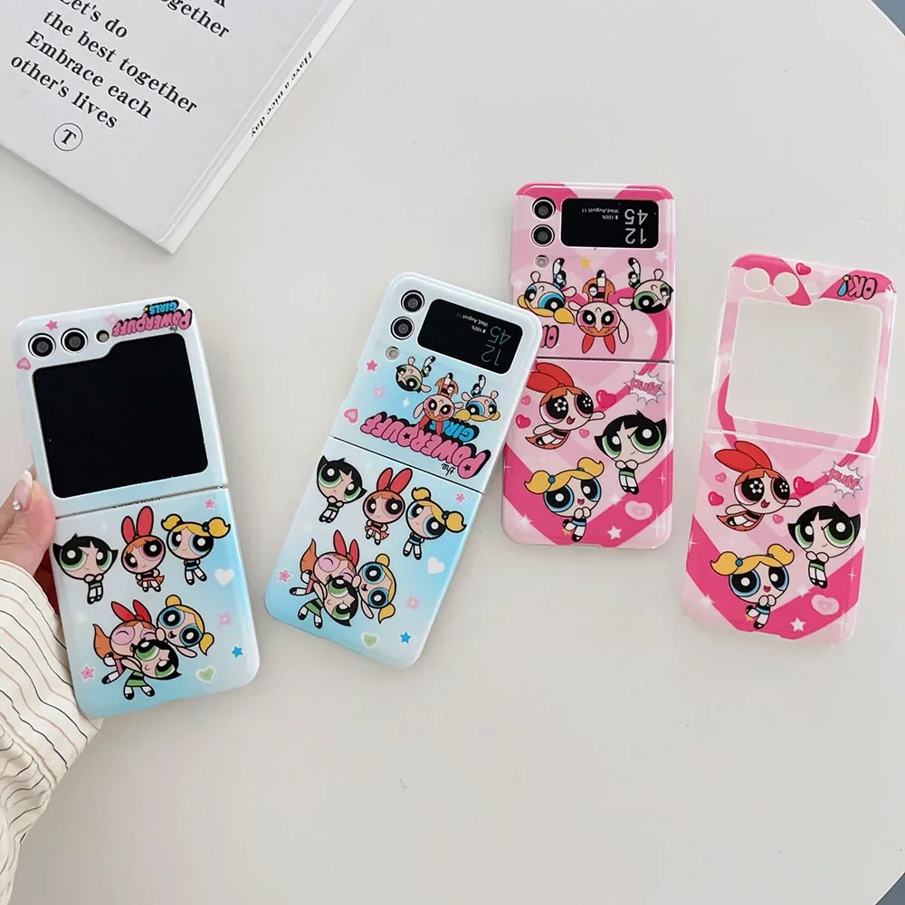 만화 Thes Powerpuffs Girls 삼성 갤럭시 Z 플립 3 4 5 Z 플립 6 5G PC 하드 안티 가을 뒷면 커버에 대한 펜던트 전화 케이스