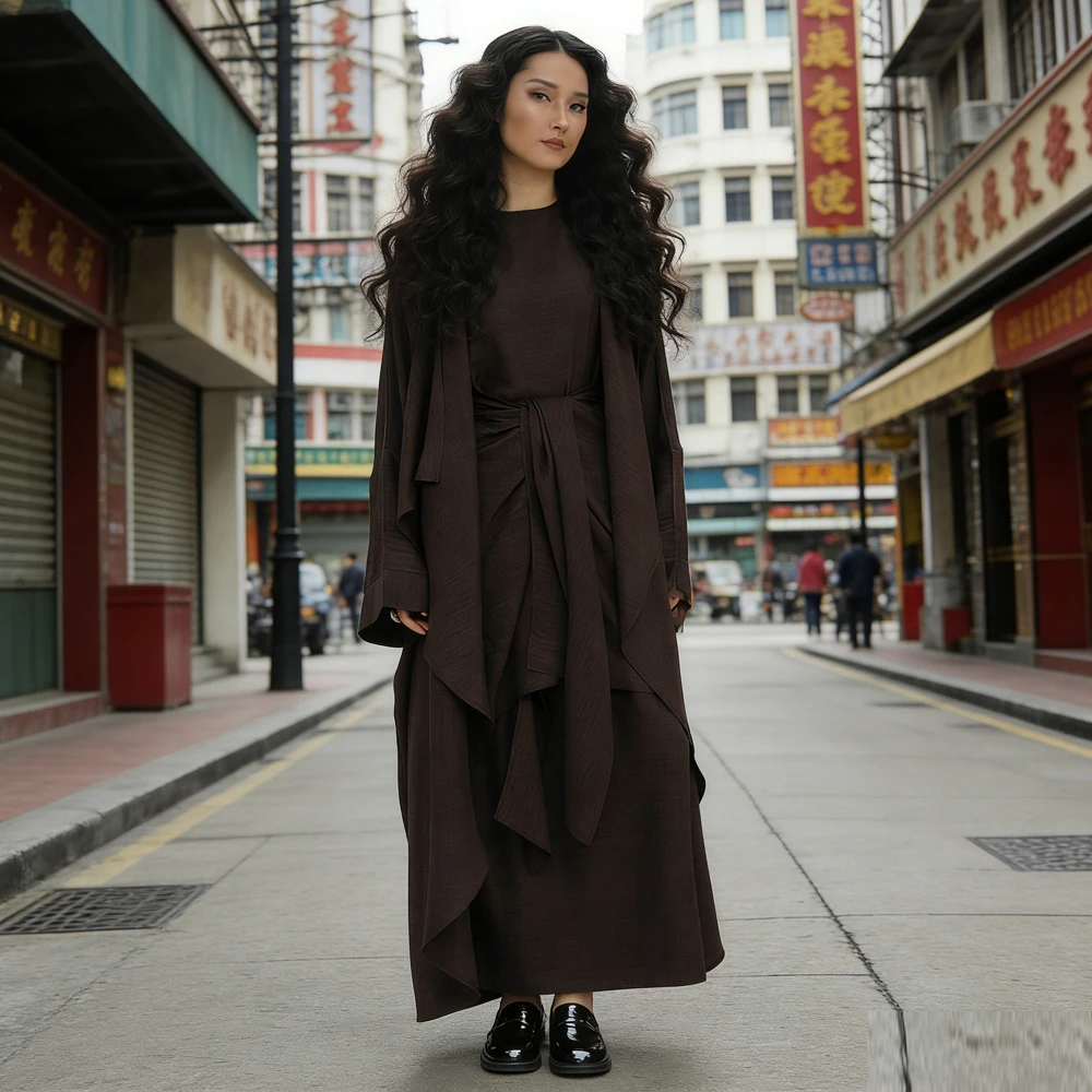 

2 Pieces Set Muslim Dress Women Dubai Abaya Kimono Cardigan Sleeveless Dresses Eid Ramadan Caftan Marocain Femme Robe Jalabiya