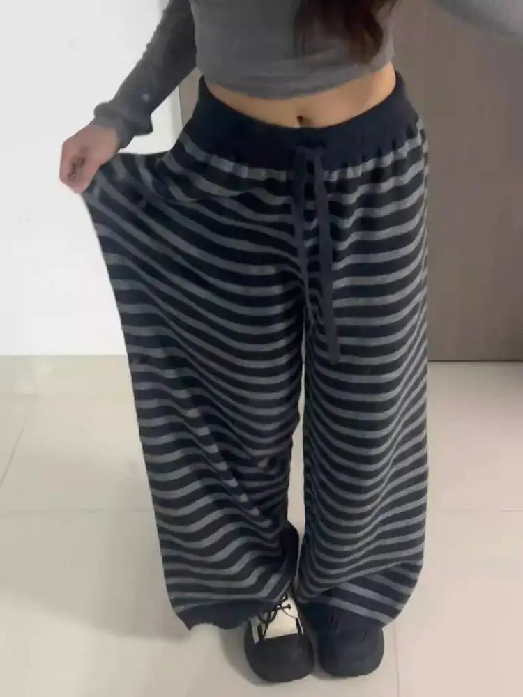 Harajuku – pantalon à jambes larges à rayures de couleur contrastée, Vintage Grunge, ample, tricoté, décontracté, esthétique Y2k, droit pour femmes