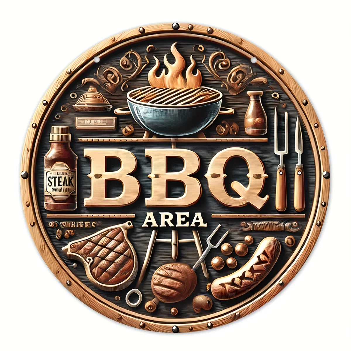 Vintage 8 Inch Round Aluminum Grill Area Sign Ideal for Outdoor Walls Garages and Patios Perfect Addition to Farmhouse Garden