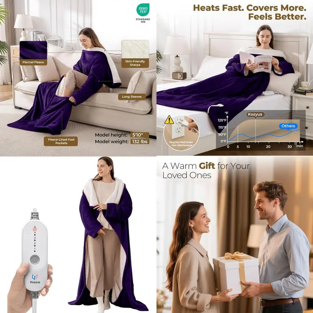 

Purple Electric Heated Blanket with Foot Pocket & Sleeves, 5-Setting, 3H Auto-Off, Machine Washable, ETL Certified, 50x70