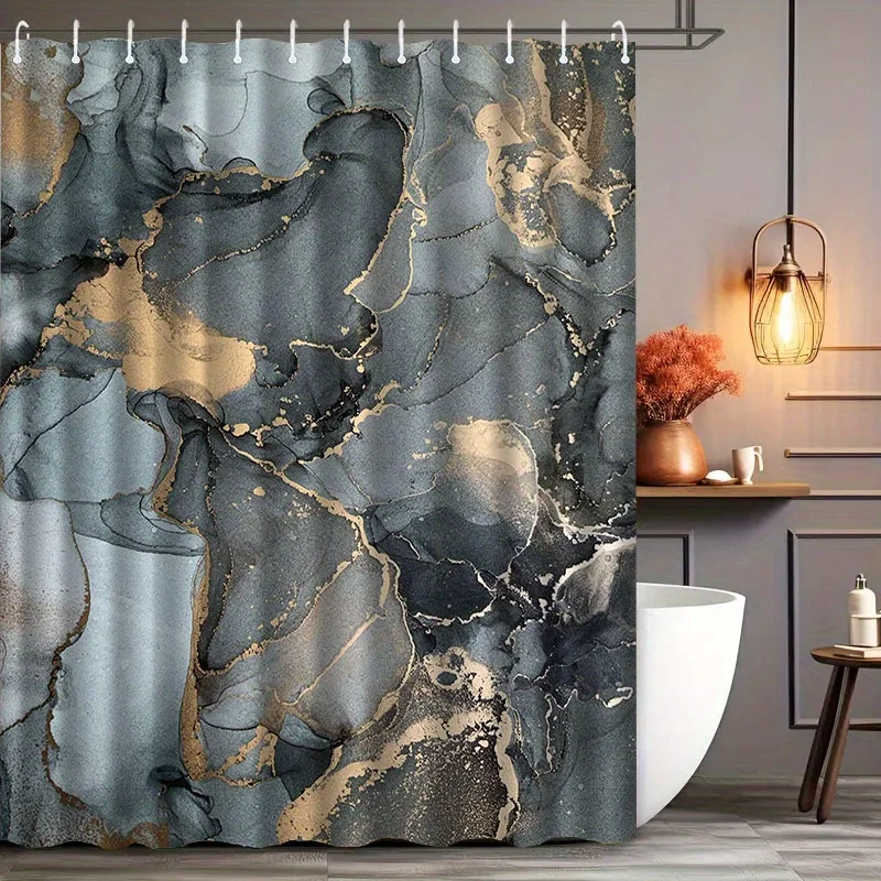 1pc a Marble-Patterned Shower Curtain with Hooks, Suitable for Washing, Serves As a Bath Divider, And Is an Accessory for The Ba