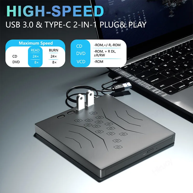 7-in-1 External DVD Optical Drive Portable CD DVD -/+RW Player with USB3.0 USB-C SD TF Card Slots DVD Burner  for  Laptop PC