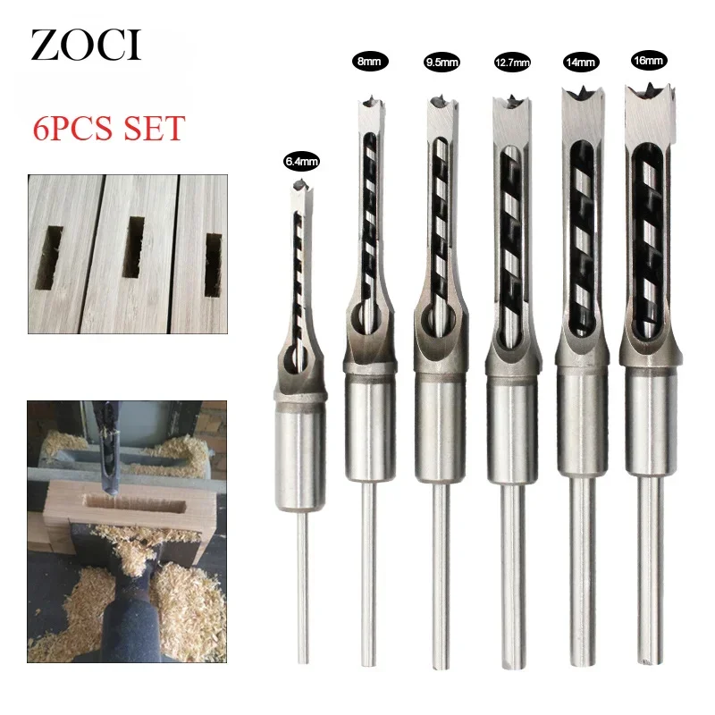 6PCS Set Square Drill Bit Hole Opener DIY Auger Mortising Chisel Tools Kit Extended Saw Twist Drill Bits Sets Woodworking Tools