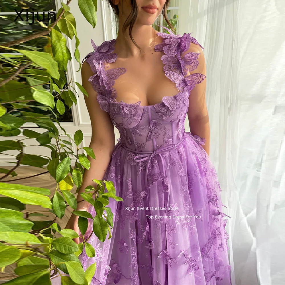 Xijun Lilac Elegant Evening Dresses 3D Butterfly Embroidery Party Dresses A-Line Ankle Length Prom Gowns Wedding Prom Dress 2023