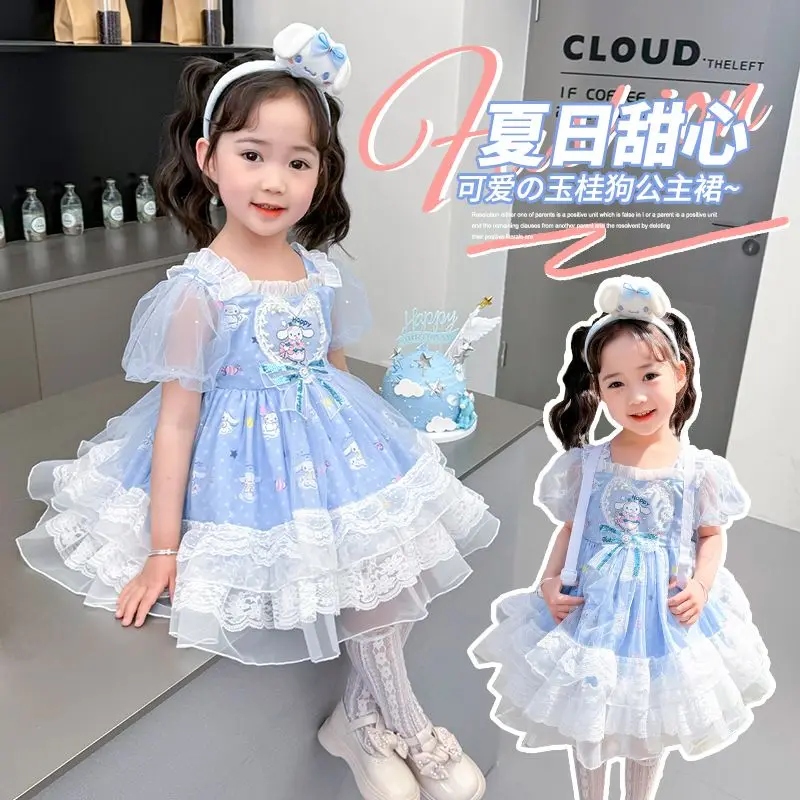 Kawaii Anime Sanrios Cinnamoroll Girls Lolita Dress Summer Children Fashion Princess Skirt Sweet Veil Birthday Party Dress Gift