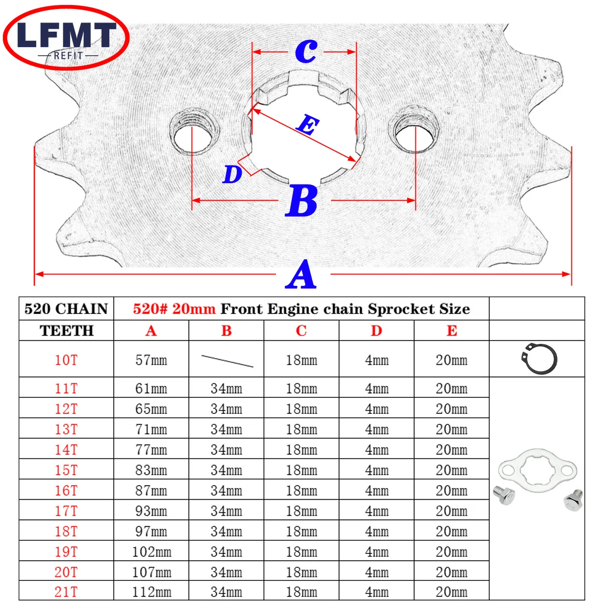 Roda dentada do motor dianteiro para bicicleta off-road ATV, 520 # Chain, 20mm, 10T, 11T, 12, 13, 14, 15, 16, 17, 18, 19, 20, 21, 22, 23T Dentes, 50cc para 125cc