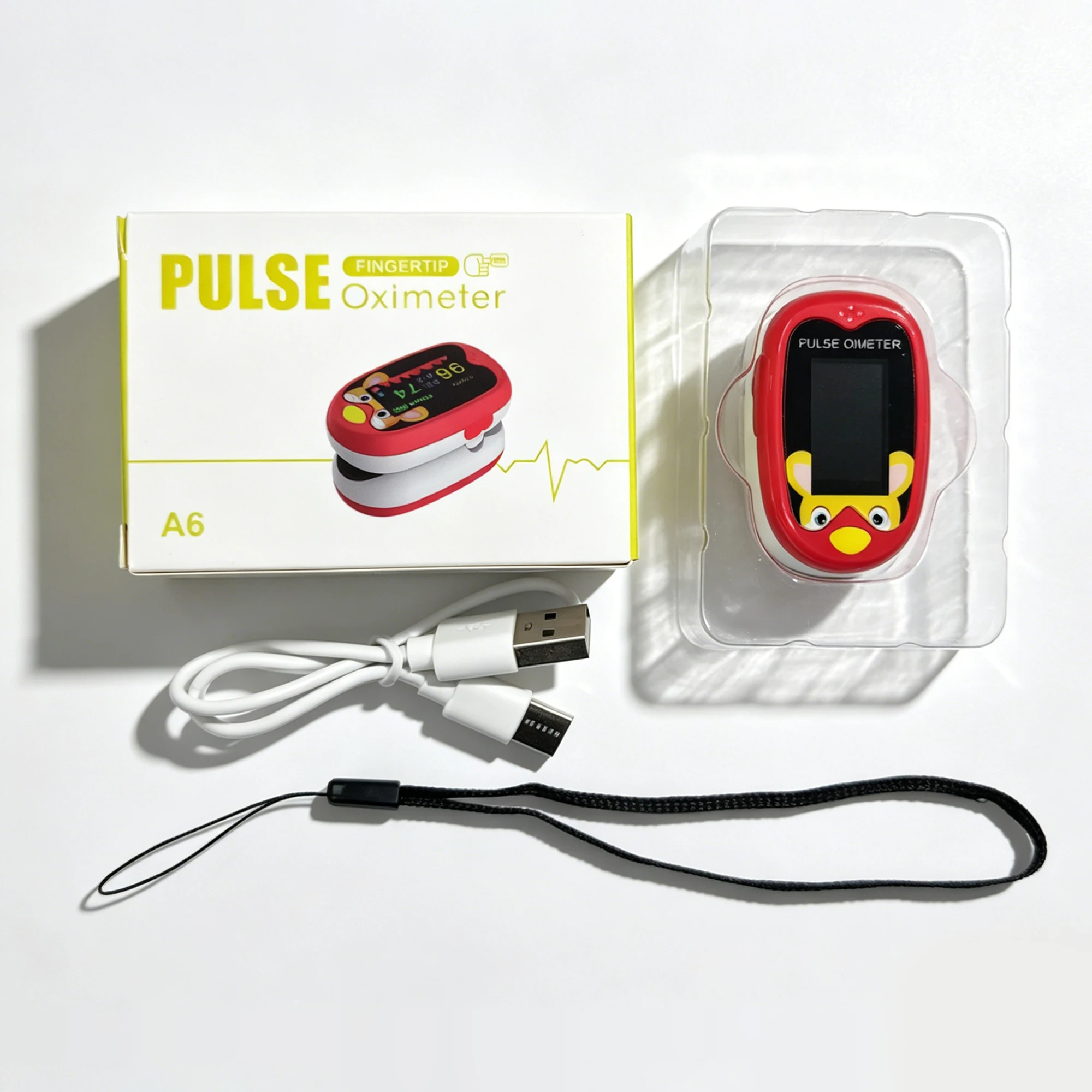 Oxímetro de Pulso Infantil Recarregável com Display TFT e Cordão, Medidor de Saturação de Oxigênio no Sangue para Crianças