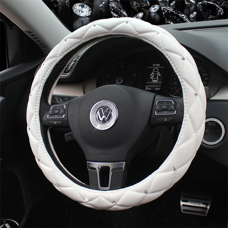 Leather Steering Wheel Covers Bling Rhinestone Auto Cute Handle Cases Pink Car Interior Accessories For Women Girls Purple