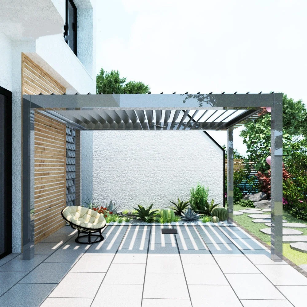Aluminum Powder Coated Pergola Gazebo With Rotating Louver Roof And LED Lighting For Outdoor Garden And Backyard Use
