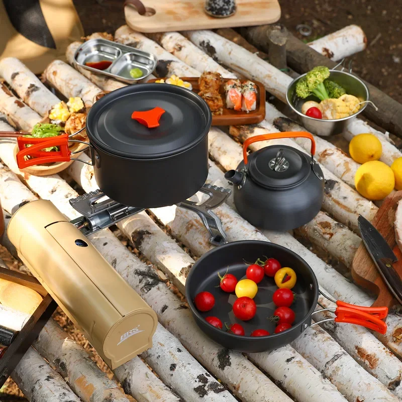 Aluminum Alloy Cooking Set, Outdoor Camping Cookware, Portable with Cooking Pot, Frying Pan Kettle, Plastic Bowl, Spoon Dropship