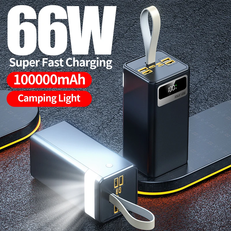 Image of 100000mAh Powerbank, 66W Superschnelles Laden, Powerbank mit extrem großer Kapazität, intelligentes Digital-Display, Lederband, LED-Licht für Outdoor-Camping, Reise-Notstromversorgung, geeignet für