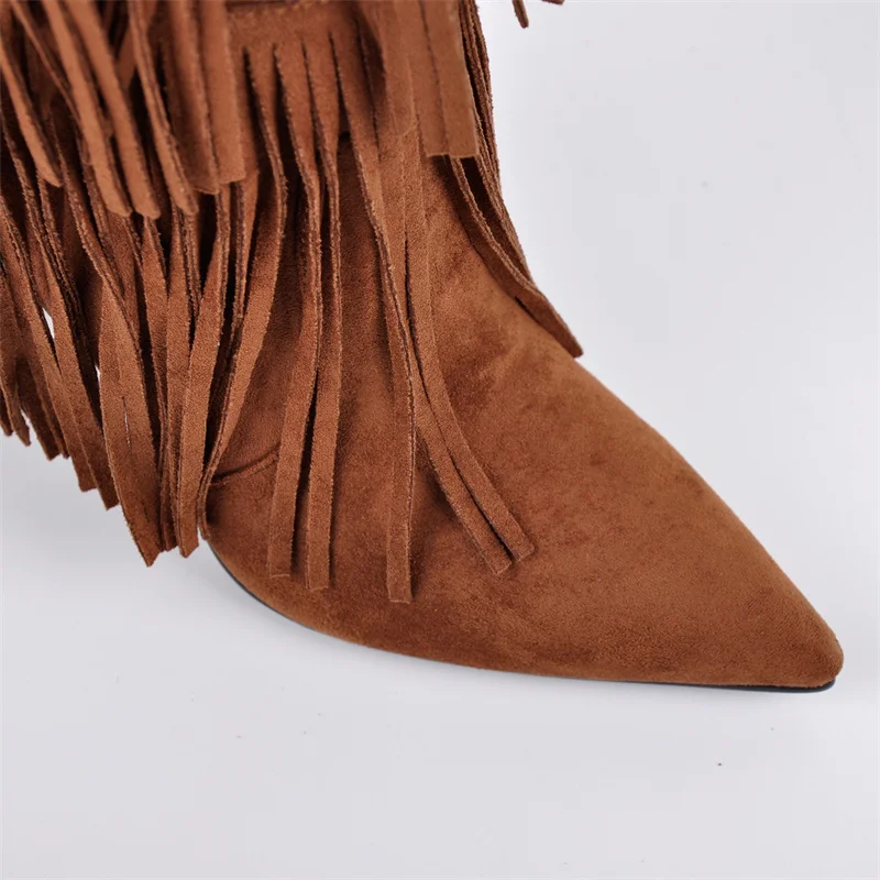 Onlymaker Women Pointed Toe Fringe Boots Comfy Pull On Mid Calf Thin Heel Pull-on Knee High Boots