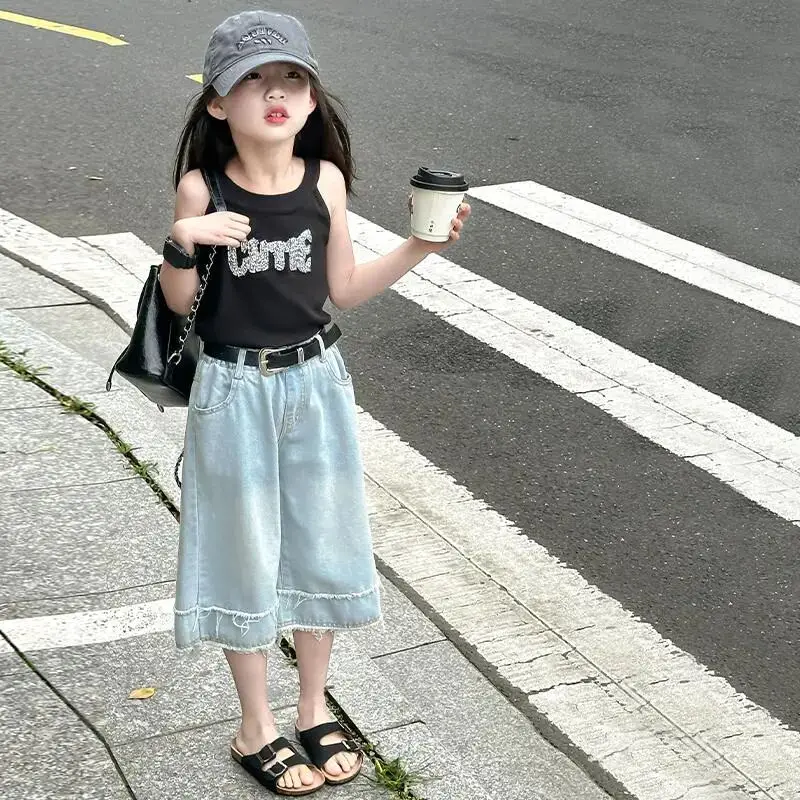 

Girls' clothing set 2025 summer new children's Korean version sleeveless vest denim cropped pants 2-piece set