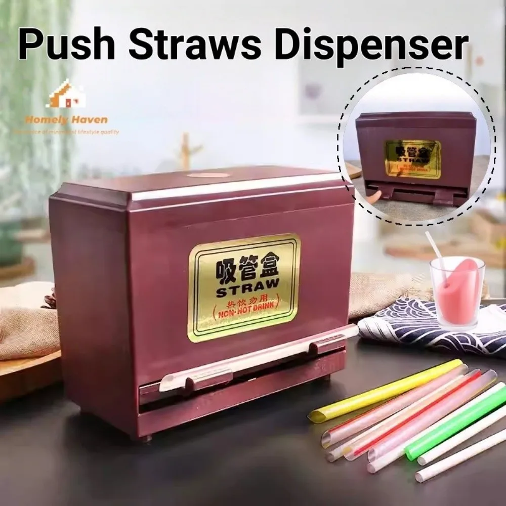 Dispensador de pajitas de empuje de plástico, caja de almacenamiento de salida ajustable negra, contenedor de palillos tipo prensado, restaurante, cafetería