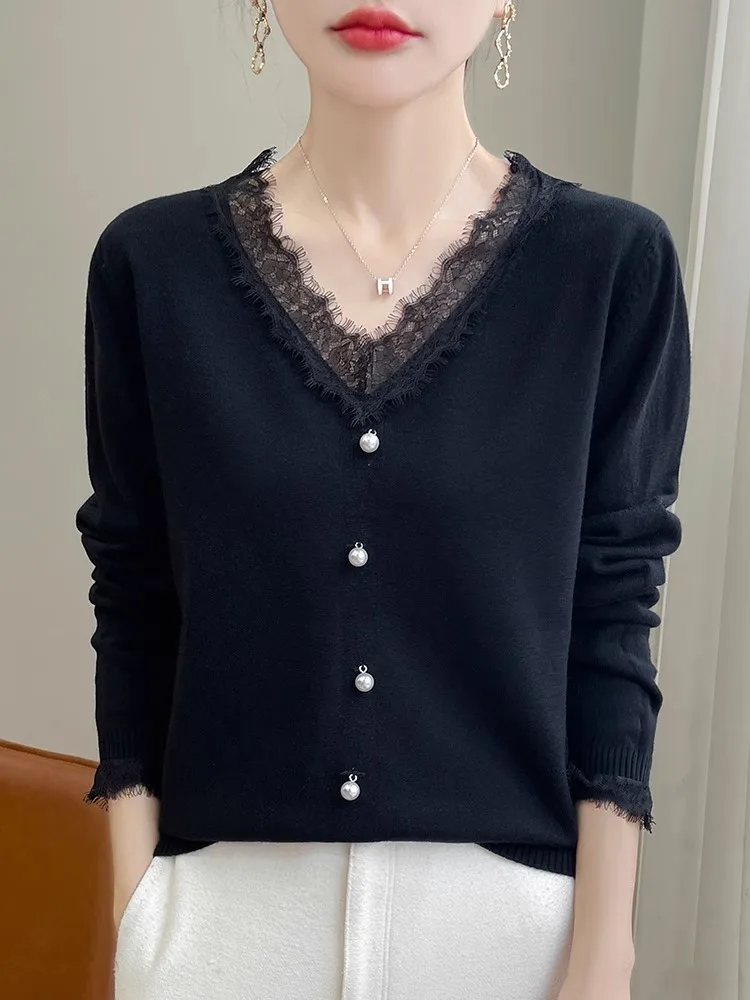 엘레 레이스 니트웨어 이너웨어 봄 가을 신상 슬레 스웨터 패셔너블 에이지얼 다용도 베이스 탑 출퇴근용 슬레 루즈핏