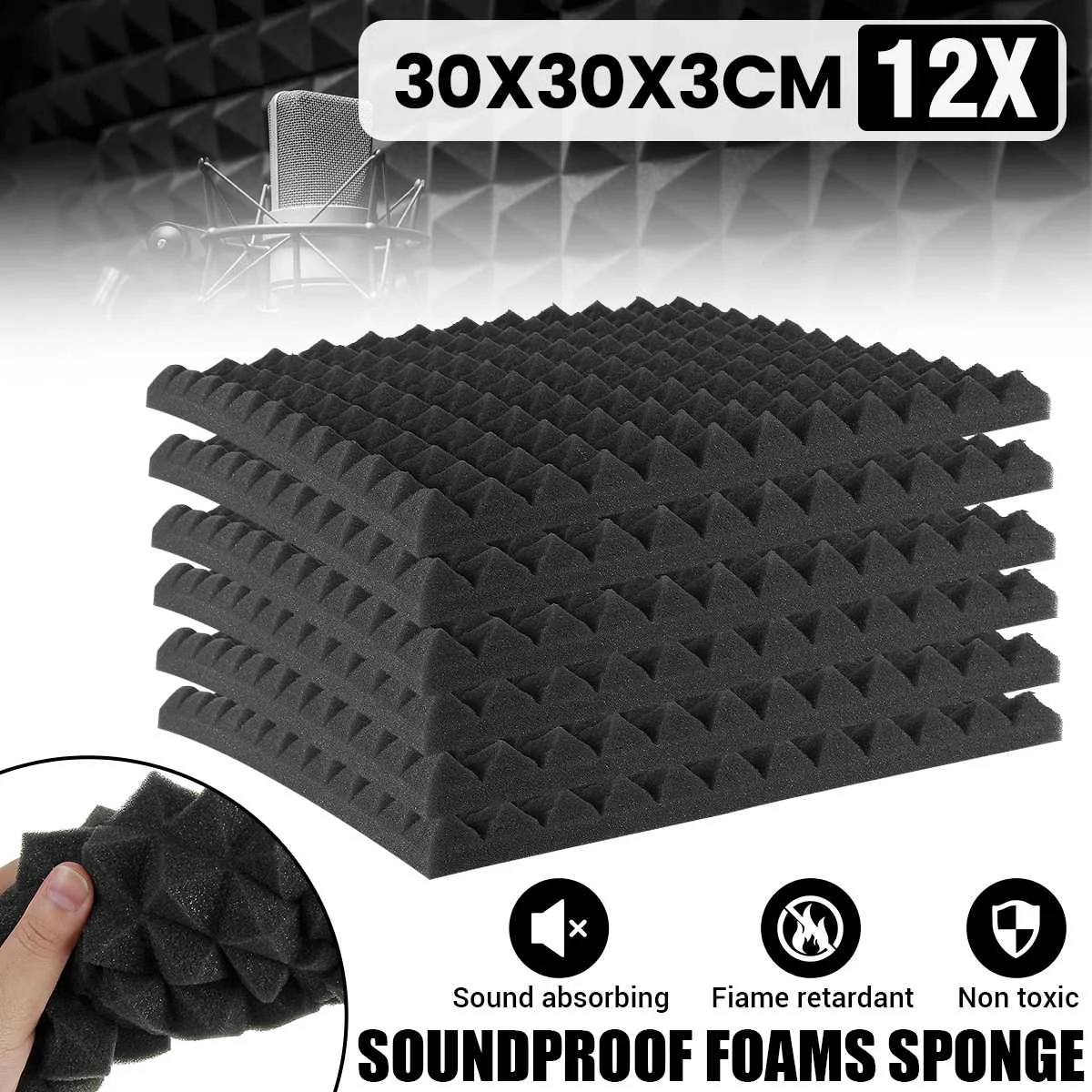 

12X Black Studio Acoustic Soundproofing Foam 30*30*3cm Sound Absorption Pyramid Studio Treatment Wall Panels DIY Decor