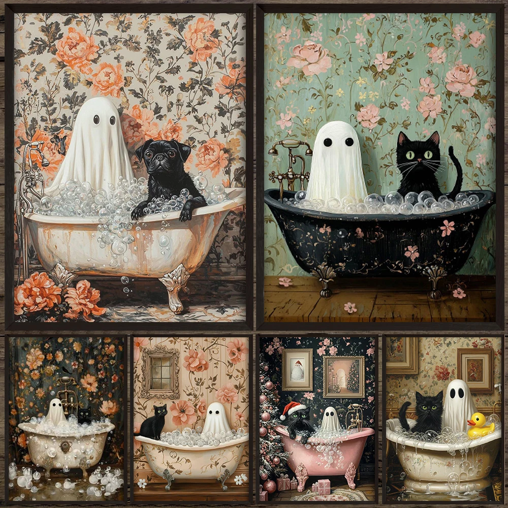 Ghost And Cat In Bubble Bath Poster Print,Spooky Floral Bathroom Abstract Wall Art,Whimsical Ghost Art Canvas Print Home Decor