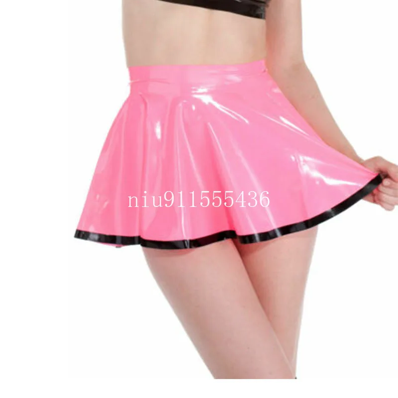 

Pink Skirt with Black Trim Female Adult Natural Rubber Skirt Cosplay Stretch Handmade