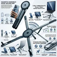 Aluminum Alloy Metal Multifunctional Mobile Phone Stand, Tablet and Laptop Desktop Stand, Foldable, Rotating, Portable, Magnetic 3