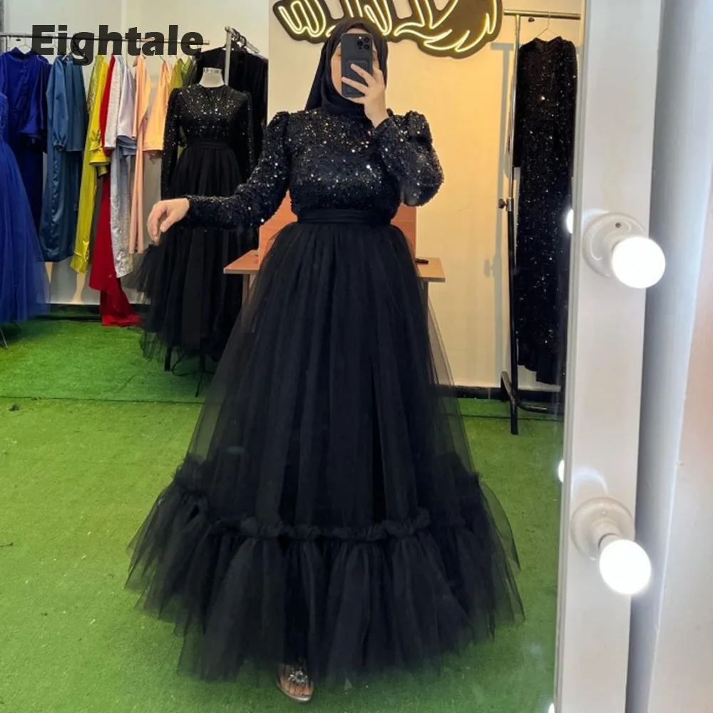 

Eightale Arabic Evening Dress for Prom High Neck Pleats Ruffled Shiny Sparkly Top Muslim Wedding Party robe de soirée femmes