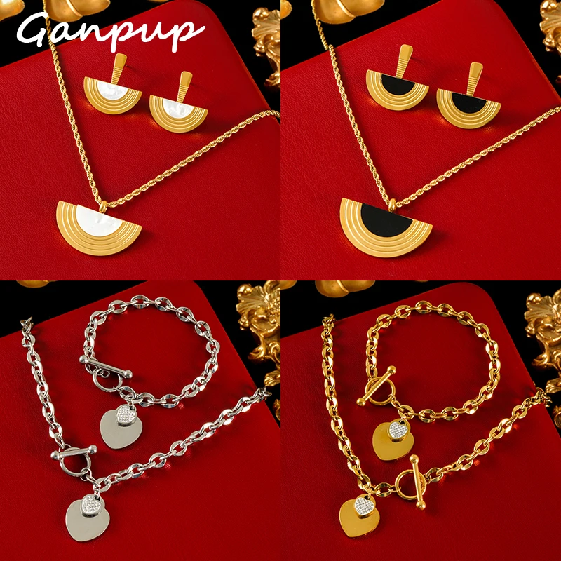 

GANPUP 316L Stainless Steel Geometric Heart Necklace Bracelet Earrings For Women Fashion Waterproof Jewelry Set Lady New Gift