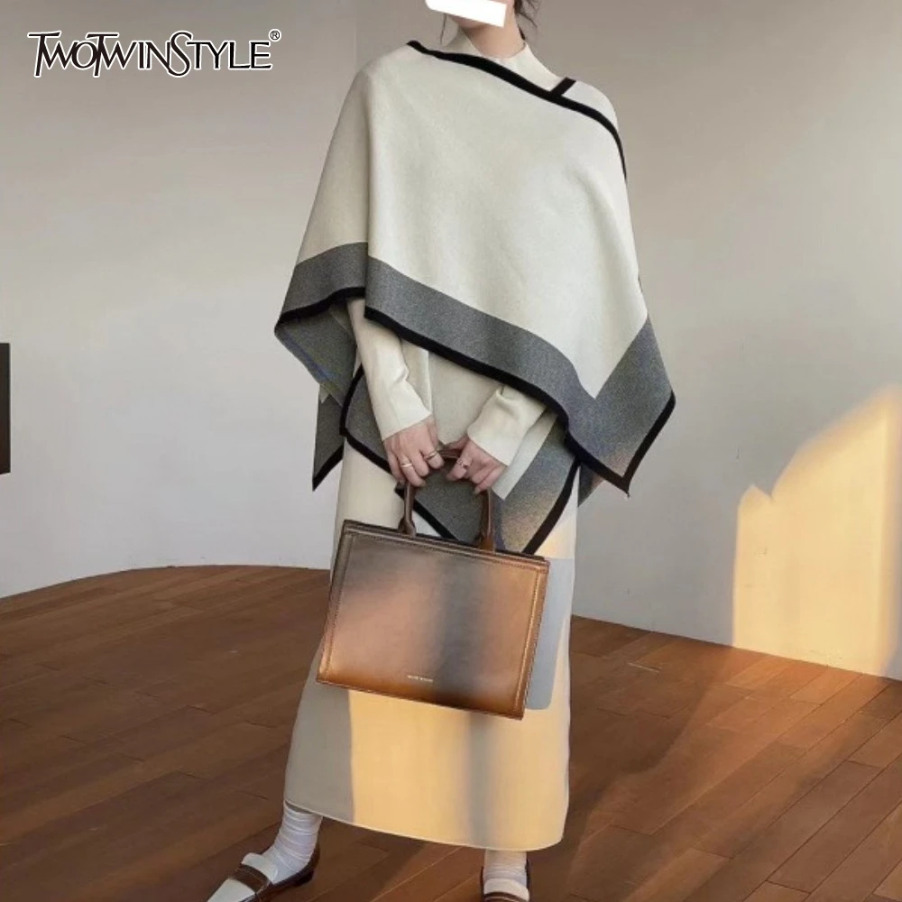 

TWOTWINSTYLE Hit Color Spliced Print Two Piece Set Female Long Sleeve Shawl Basics Women's Skirts Set Summer Fashion Style New