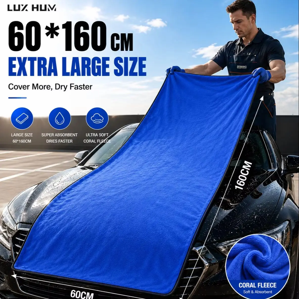 Image of 60x160cm Großes Auto-Trockentuch Super Saugfähiges Coral Fleece Mikrofasertuch Kratzfreier Waschlappen Fusselfreies Detailing-Tuch