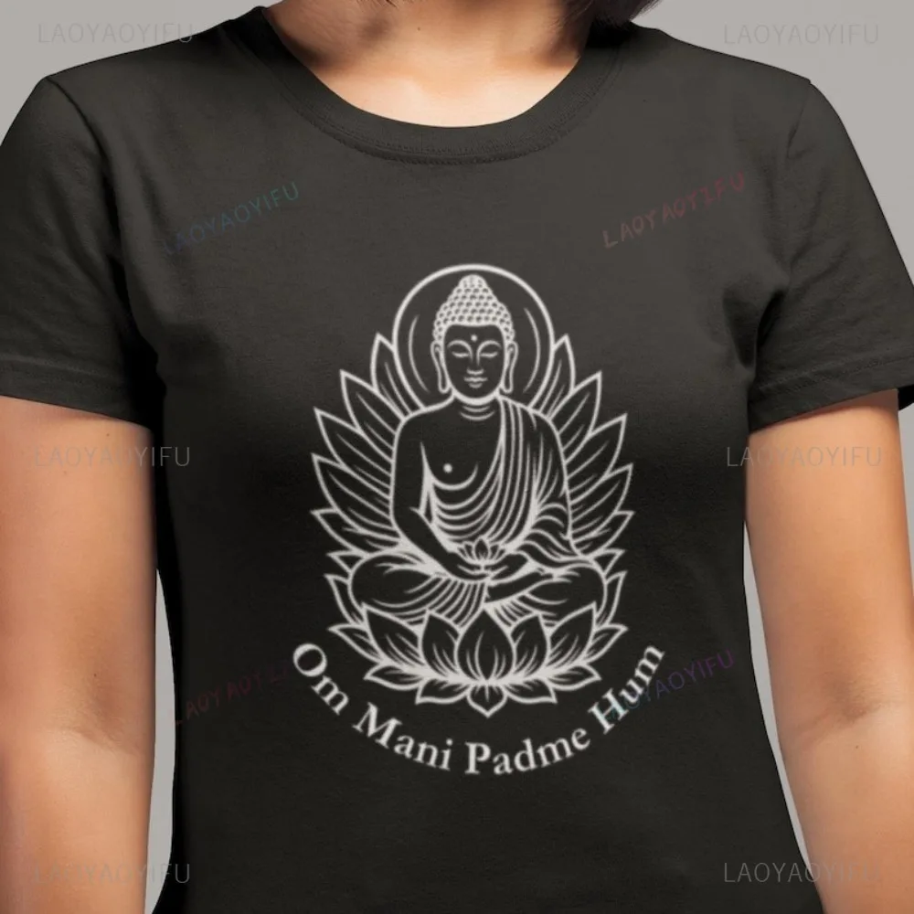

Футболка с рисунком Будды Лотоса для медитации Om Mani Padme Hum Yoga Lovers Буддизм Футболка Повседневная модная свободная женская и мужская футболка Y2K