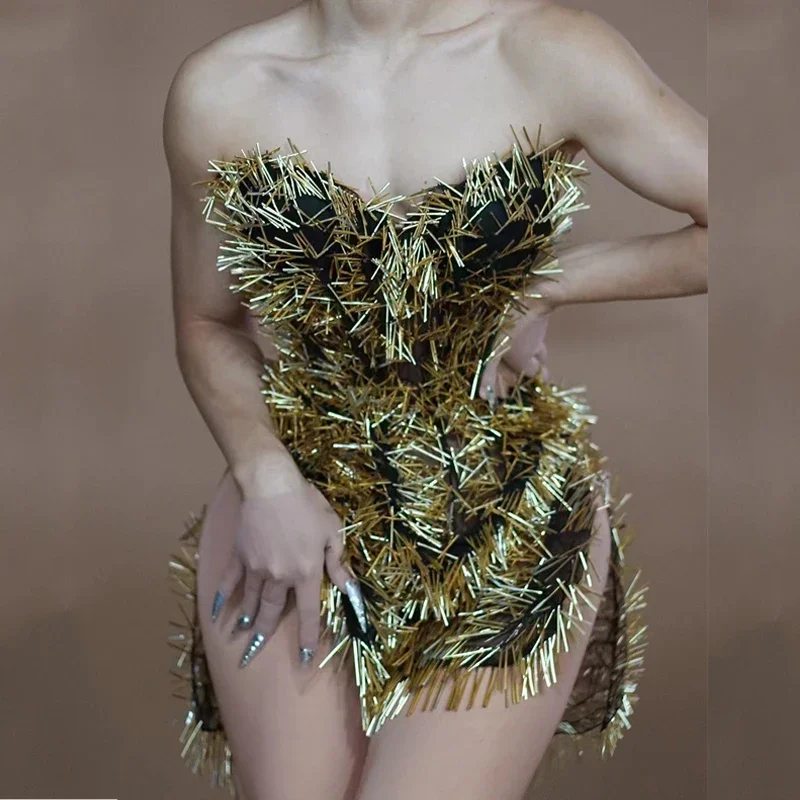 Drag Queen Costumes Gold Birthday Dress Women Party Evening Dresses Rave Outfit Nightclub Dj Ds Pole Dance outfit