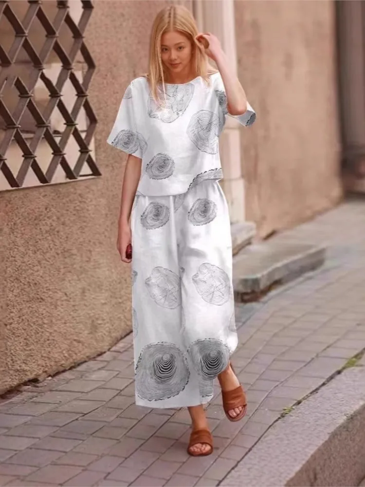 2025 ฤดูใบไม้ผลิฤดูร้อนใหม่ PLUS ขนาด 2 ชิ้นชุดผู้หญิงผ้าลินิน Casual VINTAGE หลวมพิมพ์แขนสั้นและกางเกงตรง 2 ชุด