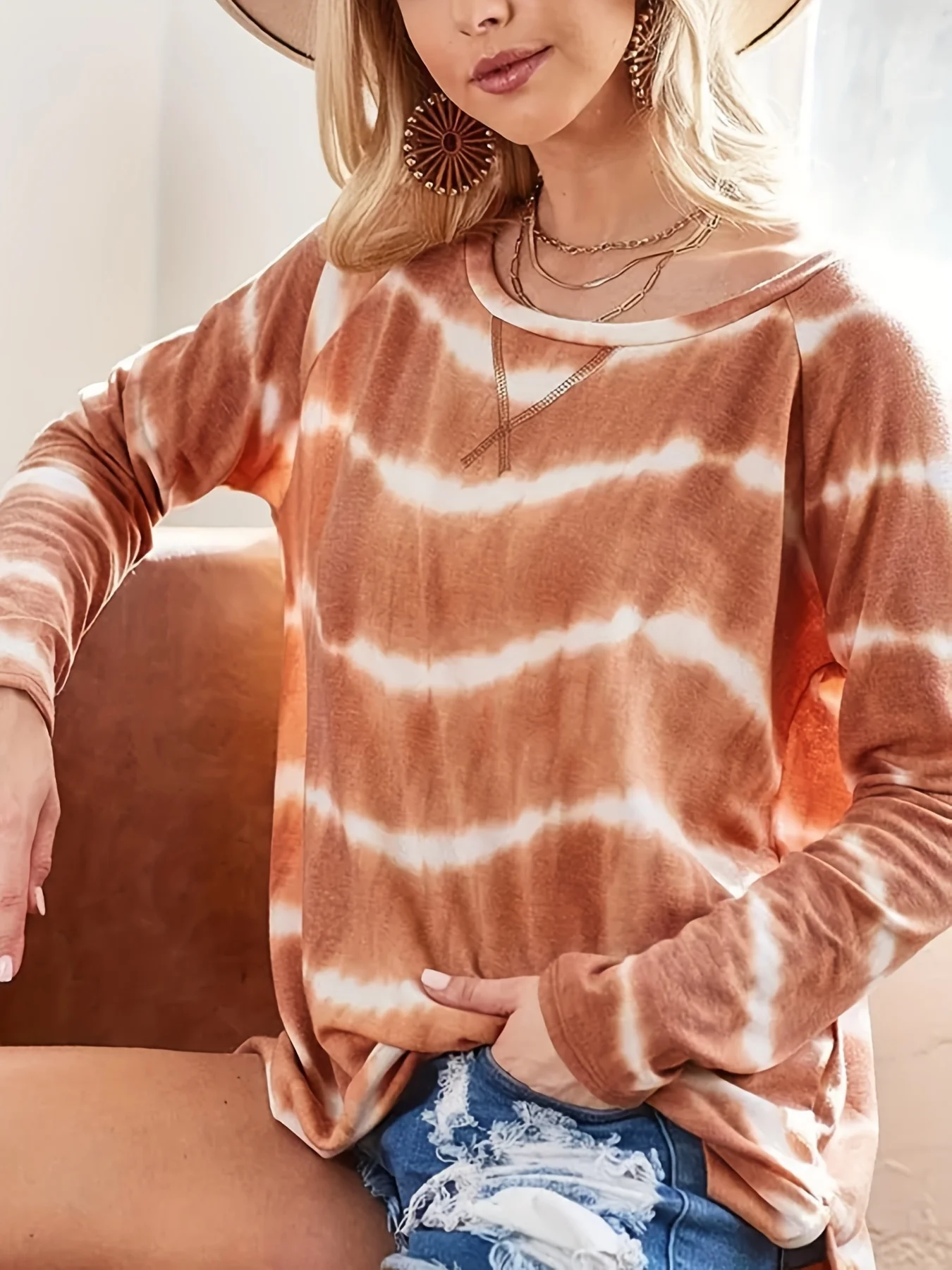 T-shirt da donna in spugna francese tie-dye taglie forti con spacco laterale manica lunga vestibilità ampia casual per tutte le stagioni