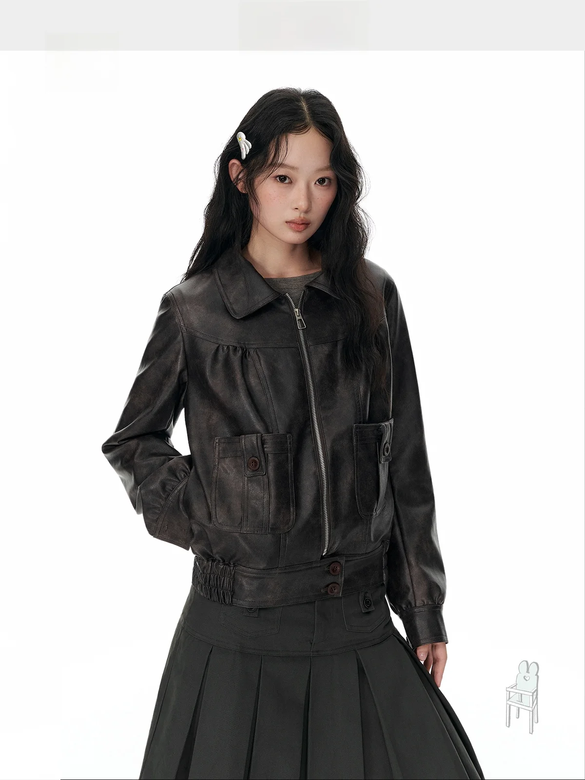YUPH Retro Soft Brown Loose PU Jacket with Waist-Cinching Detail Double Pocket Long Sleeve Zipper Closure Fashionable Women's...