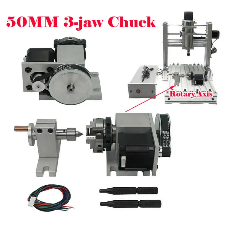 50mm cnc rotary axis kit 4th axis 3 jaw chuck two phase 42 stepper motor tailstock for lathe cnc router engraver milling machine