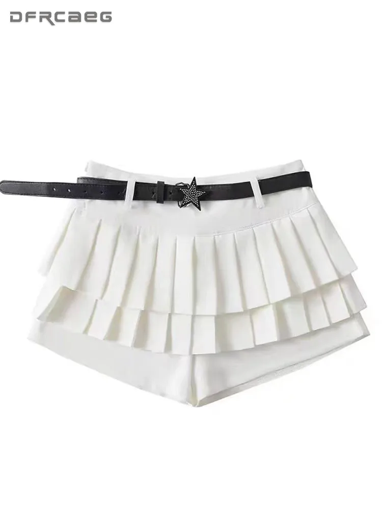 Preppy Style White Double Layer Women's Skirts Shorts With Belt 2024 Summer Y2K Sexy Sweet Mini Shorts Girls