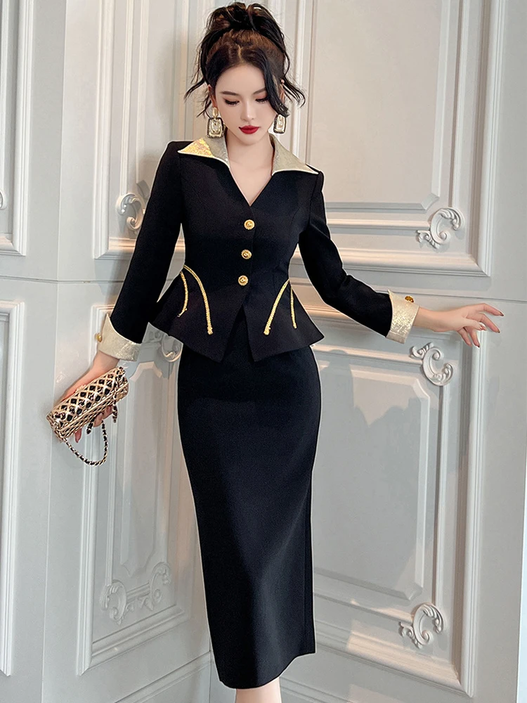 Fashion Elegant 2 Pieces Sets Women Black Gold Contrast Suit Jacket OL Coat Split Midi Skirt Office Lady Business Outfits Spring