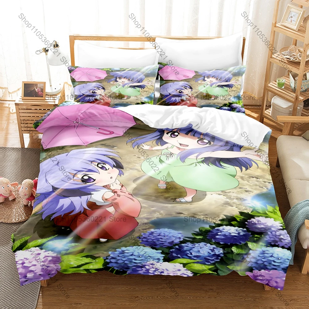Juego de ropa de cama con estampado de personajes de Hinamizawa Village, juego de ropa de cama de anime Higurashi, funda de edredón + 2 fundas de almohada, juego de ropa de cama Twin Full Queen King