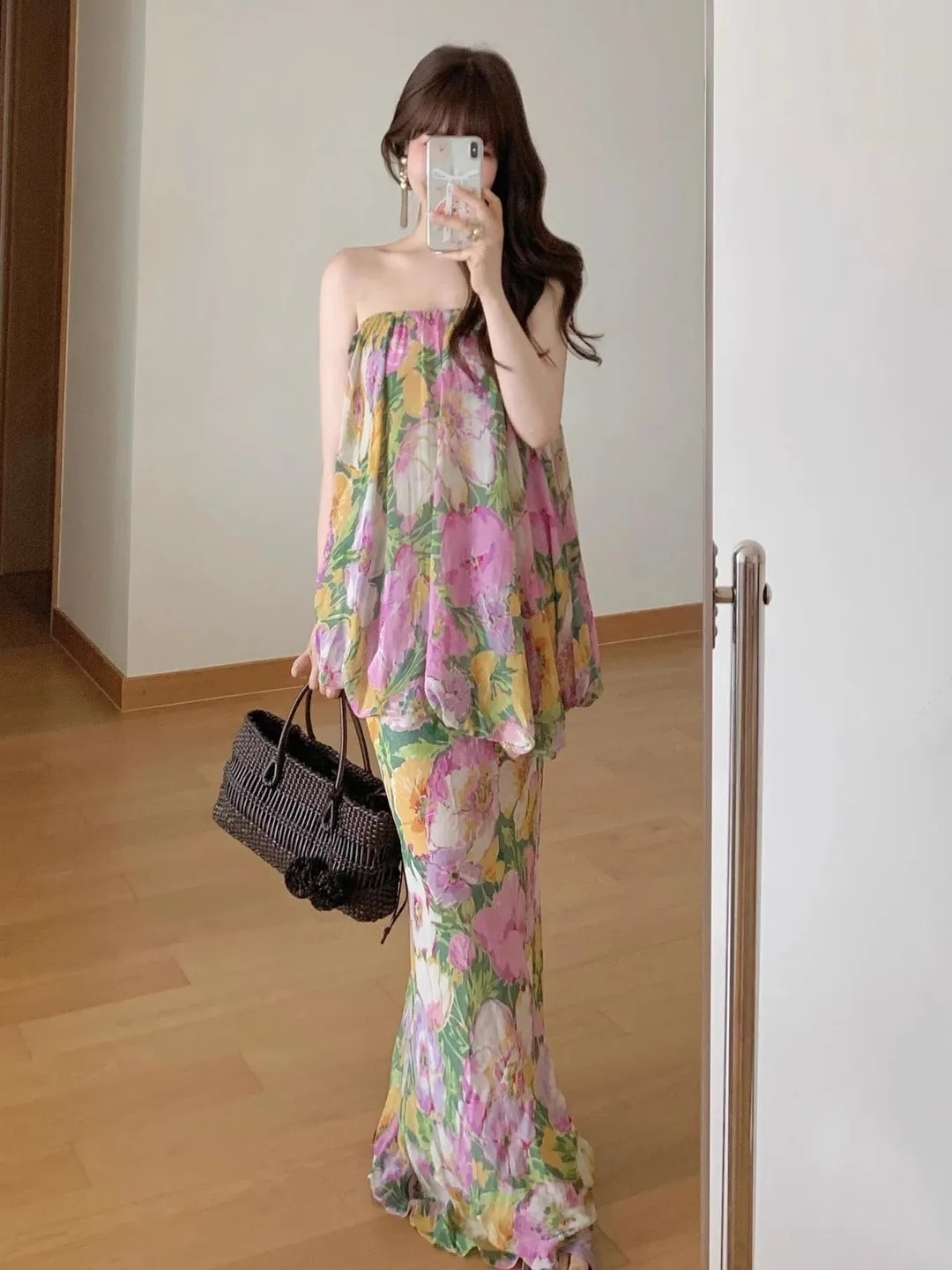 Estate 2025 delle nuove donne di arrivo stampa floreale off-oulder lungo Dr Sweet Sle raccogliere la vita in fibra di poliestere No Sve Dr