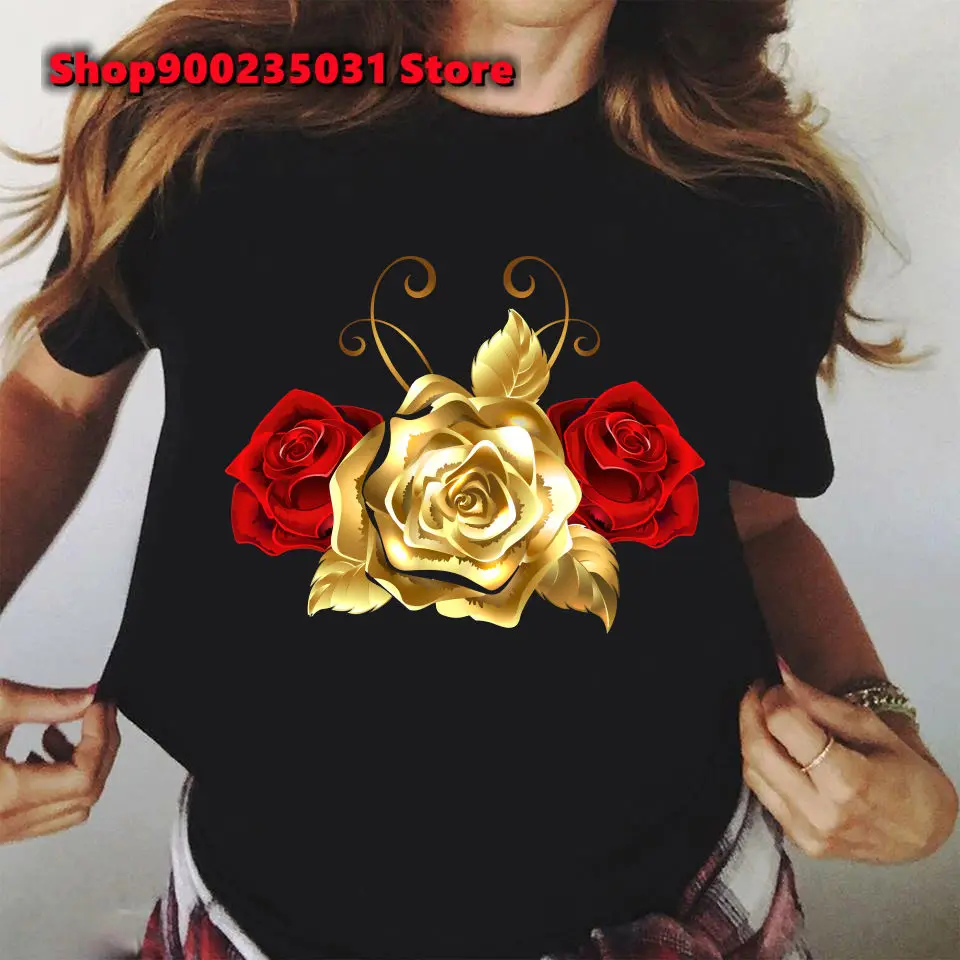 

Golden Rose Printed T-shirt Femme Harajuku Shorts Sleeves Summmer Tops Tshirt Women's Pattern T-shirt Aesthetic Female Clothing