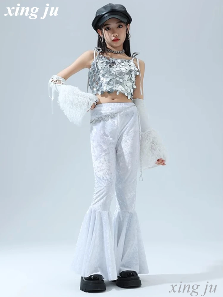 Children Jazz Dance Silver Sequined Sling Tops Girl Street White Tight Flared Trousers Kids Hip Hop Stage Performance Costume