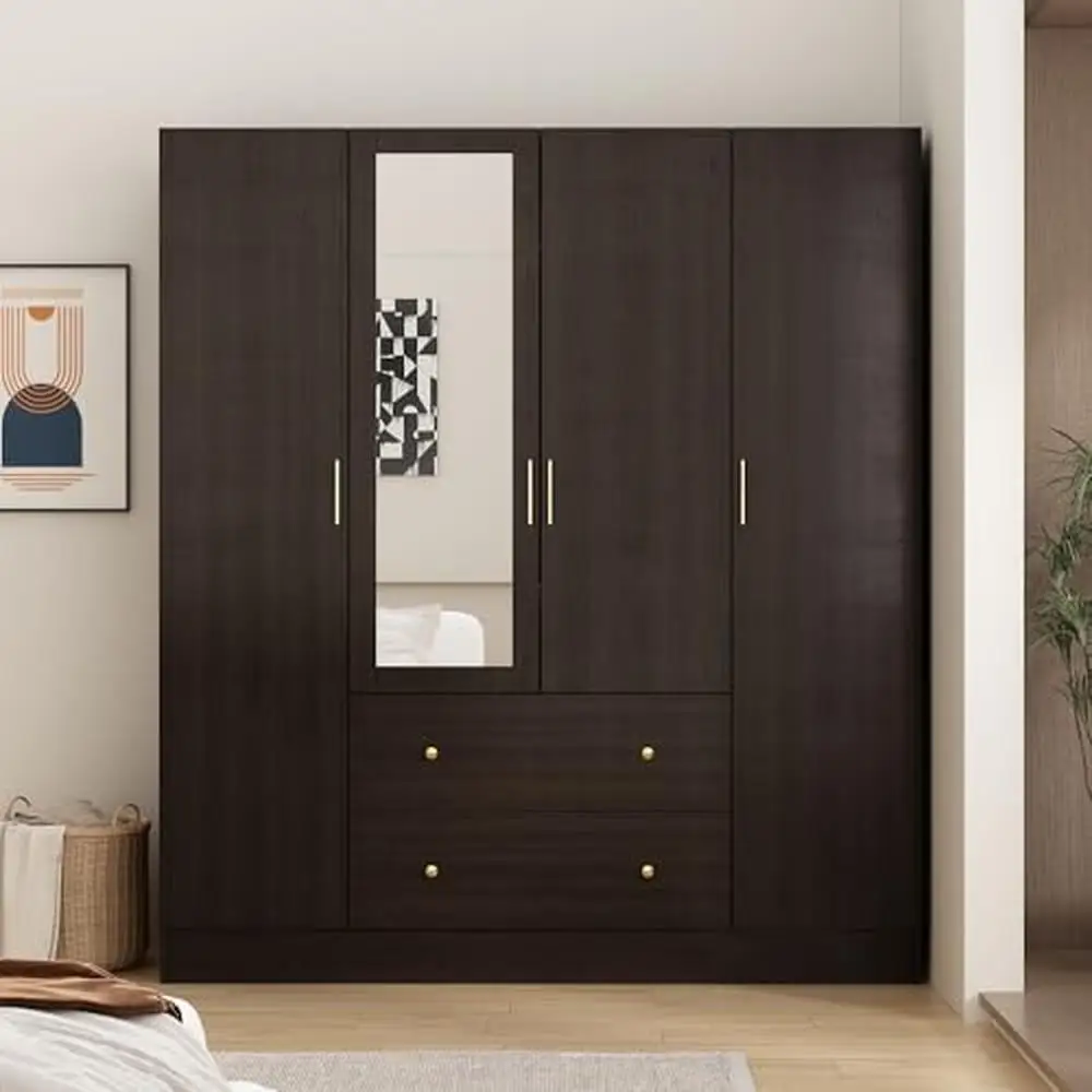 Large Freestanding 4 Doors Armoire Wardrobe Closet with Mirror Drawers & Hanging Rods Modern Style Storage Solution Clothes